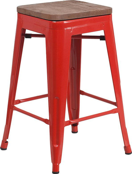 Flash Furniture 24" High Backless Red Metal Counter Height Stool with Square Wood Seat - CH-31320-24-RED-WD-GG