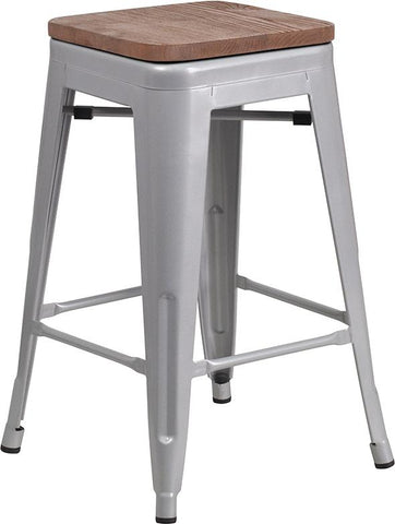 Flash Furniture 24" High Backless Silver Metal Counter Height Stool with Square Wood Seat - CH-31320-24-SIL-WD-GG