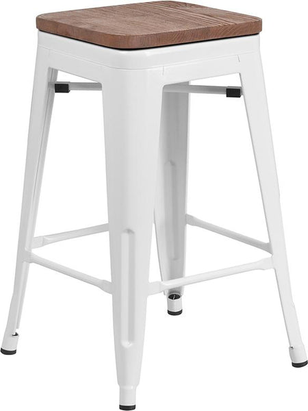 Flash Furniture 24" High Backless White Metal Counter Height Stool with Square Wood Seat - CH-31320-24-WH-WD-GG