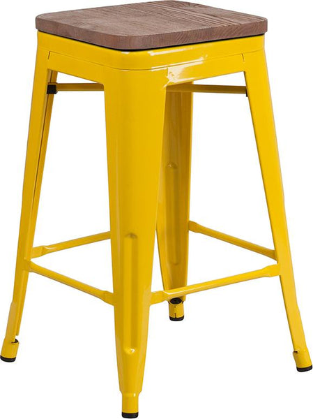 Flash Furniture 24" High Backless Yellow Metal Counter Height Stool with Square Wood Seat - CH-31320-24-YL-WD-GG