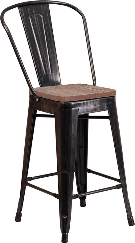Flash Furniture 24" High Black-Antique Gold Metal Counter Height Stool with Back and Wood Seat - CH-31320-24GB-BQ-WD-GG