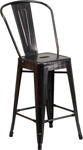 Flash Furniture 24'' High Black-Antique Gold Metal Indoor-Outdoor Counter Height Stool with Back - CH-31320-24GB-BQ-GG