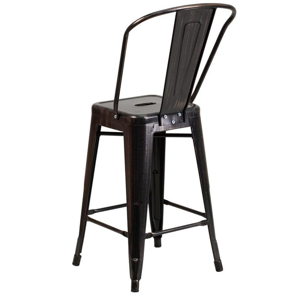 Flash Furniture 24'' High Black-Antique Gold Metal Indoor-Outdoor Counter Height Stool with Back - CH-31320-24GB-BQ-GG