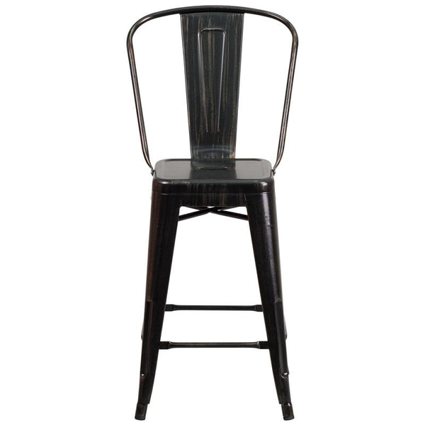 Flash Furniture 24'' High Black-Antique Gold Metal Indoor-Outdoor Counter Height Stool with Back - CH-31320-24GB-BQ-GG