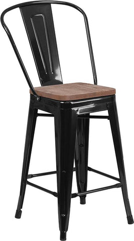 Flash Furniture 24" High Black Metal Counter Height Stool with Back and Wood Seat - CH-31320-24GB-BK-WD-GG