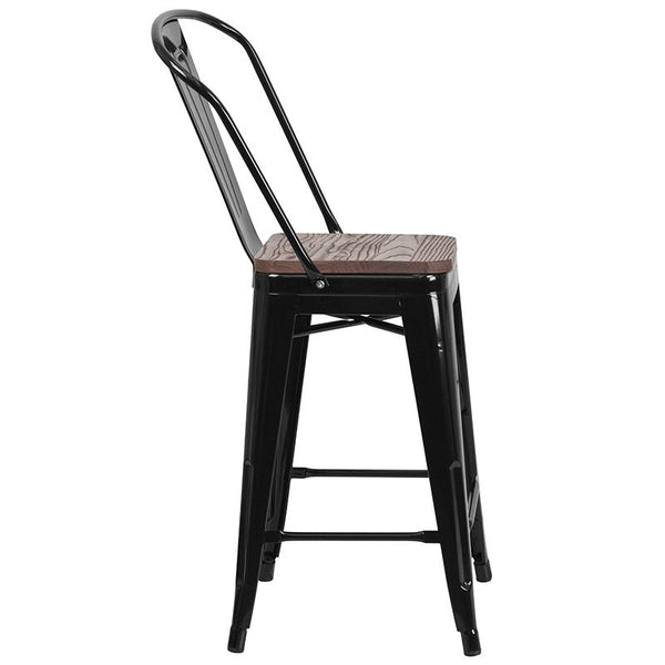 Flash Furniture 24" High Black Metal Counter Height Stool with Back and Wood Seat - CH-31320-24GB-BK-WD-GG