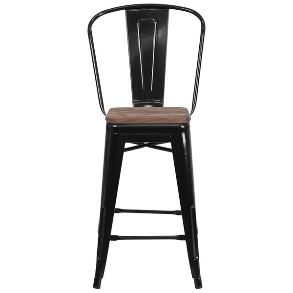 Flash Furniture 24" High Black Metal Counter Height Stool with Back and Wood Seat - CH-31320-24GB-BK-WD-GG