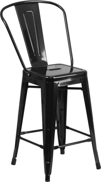 Flash Furniture 24'' High Black Metal Indoor-Outdoor Counter Height Stool with Back - CH-31320-24GB-BK-GG