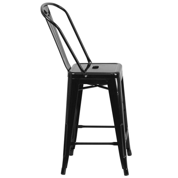 Flash Furniture 24'' High Black Metal Indoor-Outdoor Counter Height Stool with Back - CH-31320-24GB-BK-GG