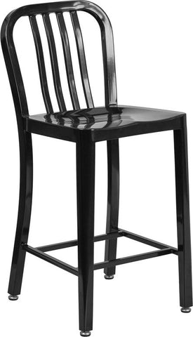 Flash Furniture 24'' High Black Metal Indoor-Outdoor Counter Height Stool with Vertical Slat Back - CH-61200-24-BK-GG