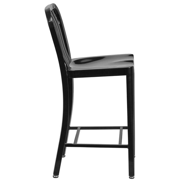 Flash Furniture 24'' High Black Metal Indoor-Outdoor Counter Height Stool with Vertical Slat Back - CH-61200-24-BK-GG