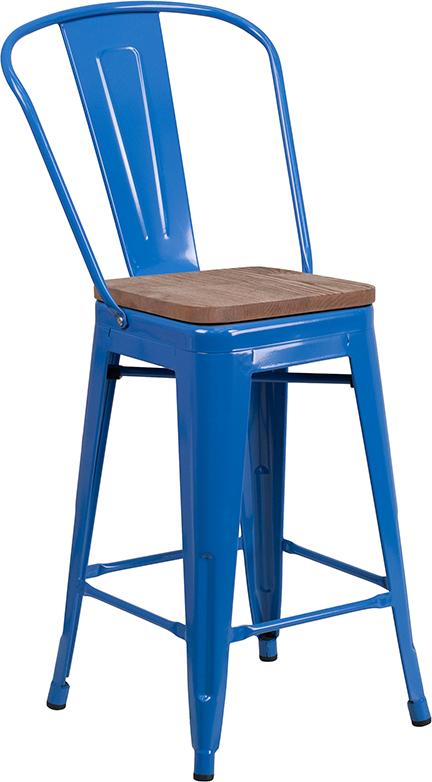 Flash Furniture 24" High Blue Metal Counter Height Stool with Back and Wood Seat - CH-31320-24GB-BL-WD-GG