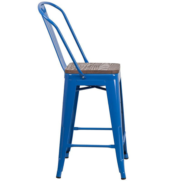Flash Furniture 24" High Blue Metal Counter Height Stool with Back and Wood Seat - CH-31320-24GB-BL-WD-GG