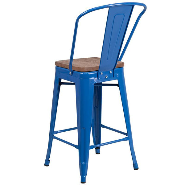 Flash Furniture 24" High Blue Metal Counter Height Stool with Back and Wood Seat - CH-31320-24GB-BL-WD-GG