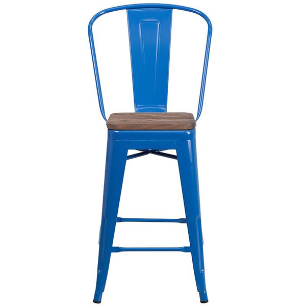 Flash Furniture 24" High Blue Metal Counter Height Stool with Back and Wood Seat - CH-31320-24GB-BL-WD-GG