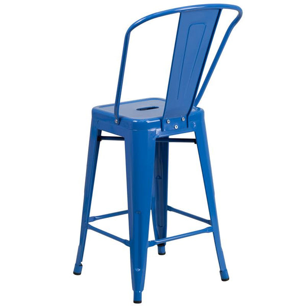 Flash Furniture 24'' High Blue Metal Indoor-Outdoor Counter Height Stool with Back - CH-31320-24GB-BL-GG