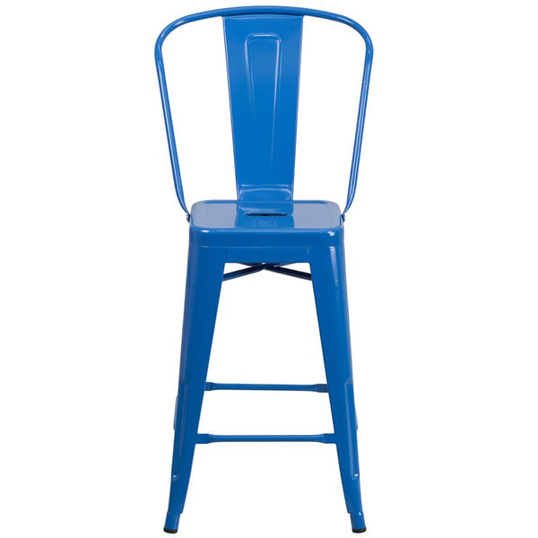 Flash Furniture 24'' High Blue Metal Indoor-Outdoor Counter Height Stool with Back - CH-31320-24GB-BL-GG