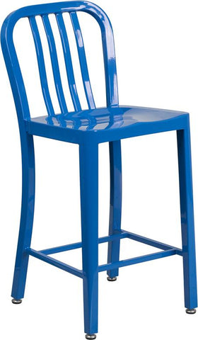 Flash Furniture 24'' High Blue Metal Indoor-Outdoor Counter Height Stool with Vertical Slat Back - CH-61200-24-BL-GG