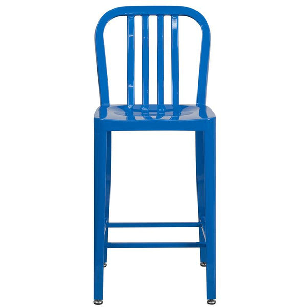 Flash Furniture 24'' High Blue Metal Indoor-Outdoor Counter Height Stool with Vertical Slat Back - CH-61200-24-BL-GG