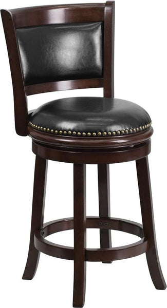 Flash Furniture 24'' High Cappuccino Wood Counter Height Stool with Panel Back and Black Leather Swivel Seat - TA-61024-CA-CTR-GG