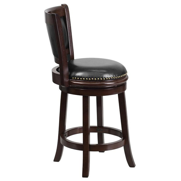 Flash Furniture 24'' High Cappuccino Wood Counter Height Stool with Panel Back and Black Leather Swivel Seat - TA-61024-CA-CTR-GG