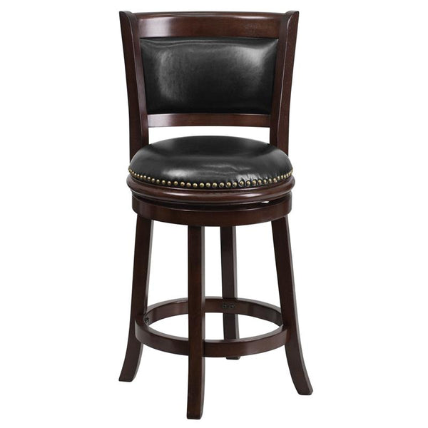 Flash Furniture 24'' High Cappuccino Wood Counter Height Stool with Panel Back and Black Leather Swivel Seat - TA-61024-CA-CTR-GG