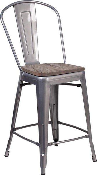 Flash Furniture 24" High Clear Coated Counter Height Stool with Back and Wood Seat - XU-DG-TP001B-24-WD-GG