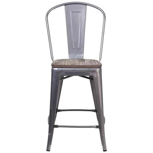 Flash Furniture 24" High Clear Coated Counter Height Stool with Back and Wood Seat - XU-DG-TP001B-24-WD-GG