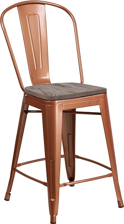 Flash Furniture 24" High Copper Metal Counter Height Stool with Back and Wood Seat - ET-3534-24-POC-WD-GG