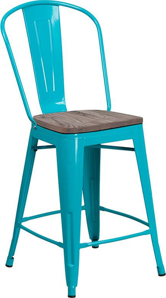 Flash Furniture 24" High Crystal Teal-Blue Metal Counter Height Stool with Back and Wood Seat - ET-3534-24-CB-WD-GG