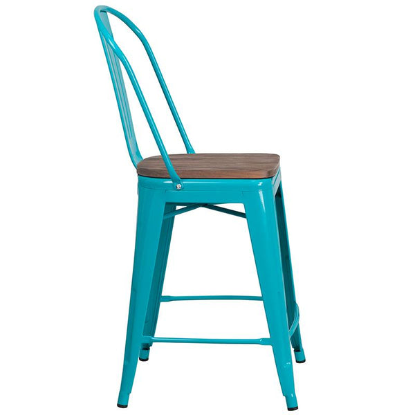 Flash Furniture 24" High Crystal Teal-Blue Metal Counter Height Stool with Back and Wood Seat - ET-3534-24-CB-WD-GG
