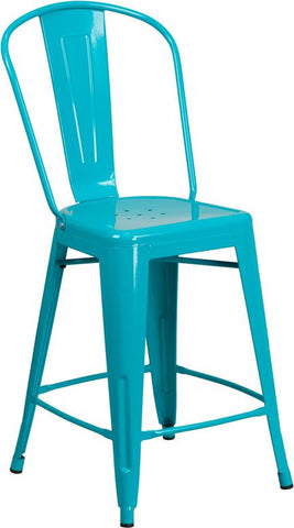 Flash Furniture 24'' High Crystal Teal-Blue Metal Indoor-Outdoor Counter Height Stool with Back - ET-3534-24-CB-GG