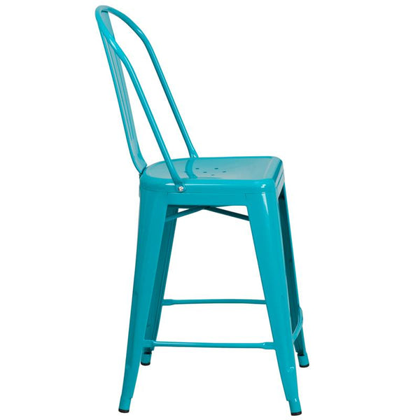 Flash Furniture 24'' High Crystal Teal-Blue Metal Indoor-Outdoor Counter Height Stool with Back - ET-3534-24-CB-GG