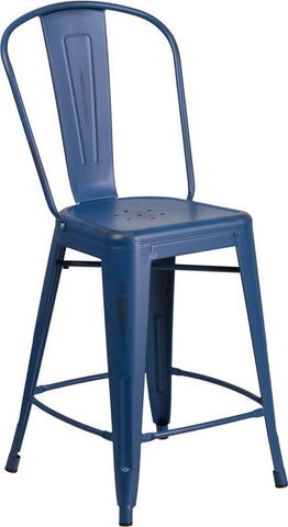 Flash Furniture 24'' High Distressed Antique Blue Metal Indoor-Outdoor Counter Height Stool with Back - ET-3534-24-AB-GG