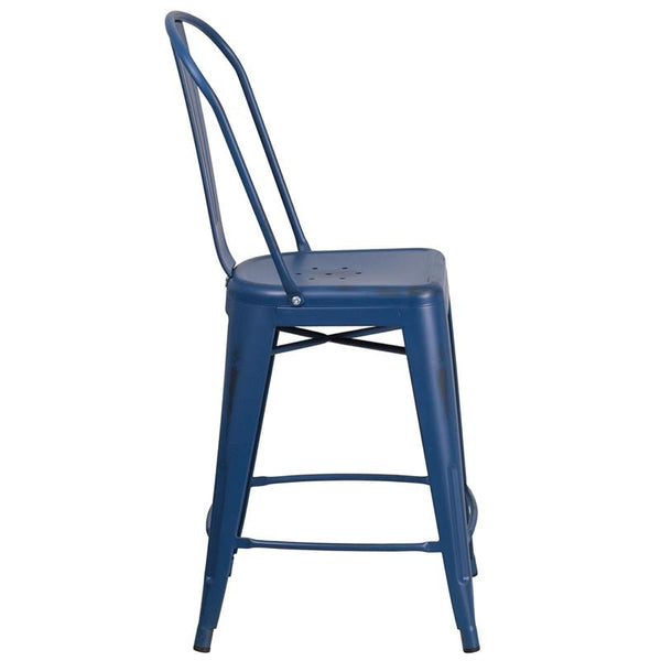 Flash Furniture 24'' High Distressed Antique Blue Metal Indoor-Outdoor Counter Height Stool with Back - ET-3534-24-AB-GG