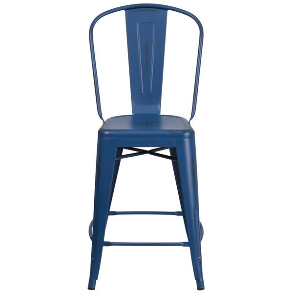 Flash Furniture 24'' High Distressed Antique Blue Metal Indoor-Outdoor Counter Height Stool with Back - ET-3534-24-AB-GG