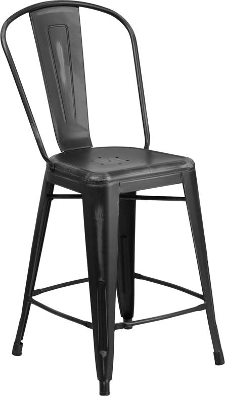 Flash Furniture 24'' High Distressed Black Metal Indoor-Outdoor Counter Height Stool with Back - ET-3534-24-BK-GG