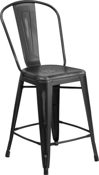 Flash Furniture 24'' High Distressed Black Metal Indoor-Outdoor Counter Height Stool with Back - ET-3534-24-BK-GG