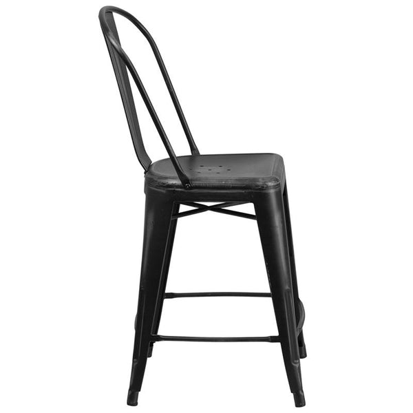 Flash Furniture 24'' High Distressed Black Metal Indoor-Outdoor Counter Height Stool with Back - ET-3534-24-BK-GG