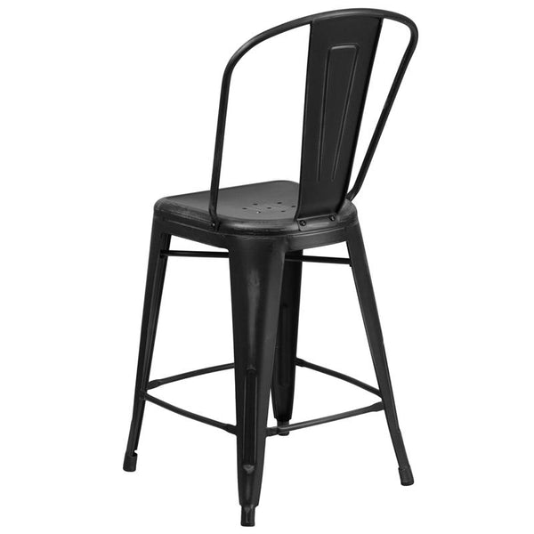 Flash Furniture 24'' High Distressed Black Metal Indoor-Outdoor Counter Height Stool with Back - ET-3534-24-BK-GG