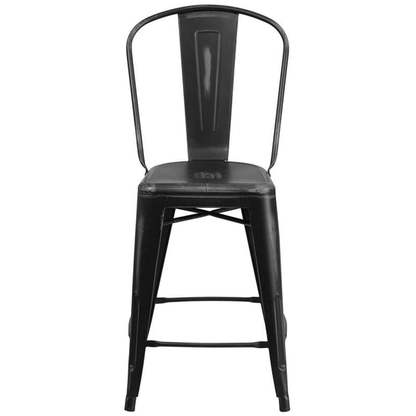 Flash Furniture 24'' High Distressed Black Metal Indoor-Outdoor Counter Height Stool with Back - ET-3534-24-BK-GG