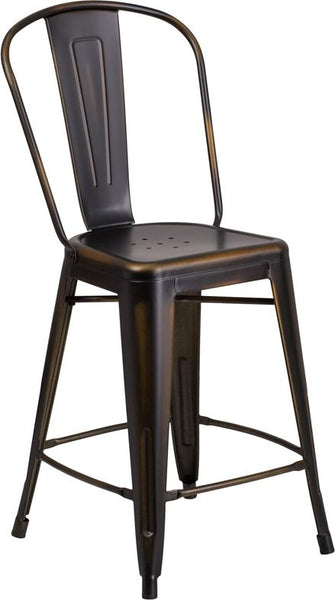 Flash Furniture 24'' High Distressed Copper Metal Indoor-Outdoor Counter Height Stool with Back - ET-3534-24-COP-GG