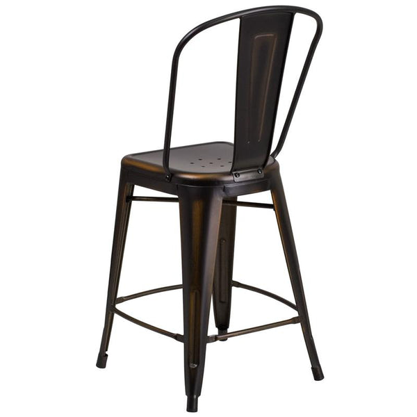 Flash Furniture 24'' High Distressed Copper Metal Indoor-Outdoor Counter Height Stool with Back - ET-3534-24-COP-GG