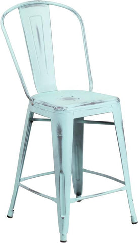 Flash Furniture 24'' High Distressed Green-Blue Metal Indoor-Outdoor Counter Height Stool with Back - ET-3534-24-DB-GG