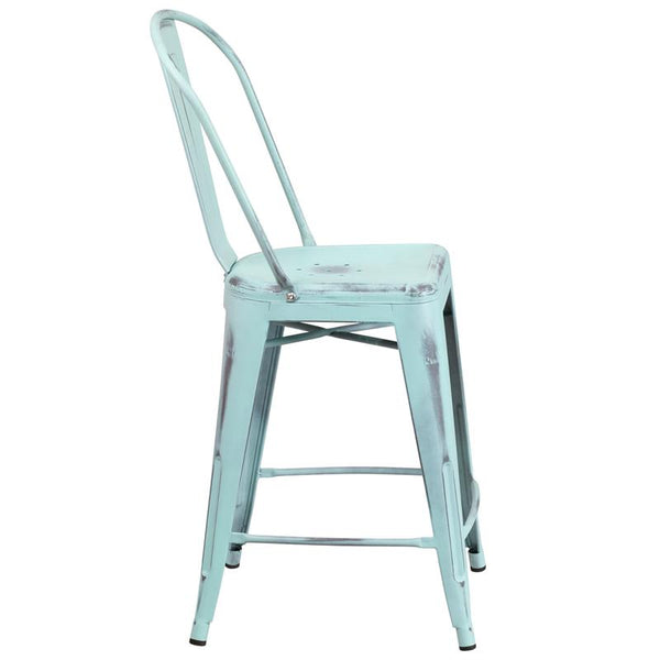 Flash Furniture 24'' High Distressed Green-Blue Metal Indoor-Outdoor Counter Height Stool with Back - ET-3534-24-DB-GG