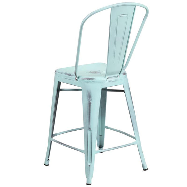 Flash Furniture 24'' High Distressed Green-Blue Metal Indoor-Outdoor Counter Height Stool with Back - ET-3534-24-DB-GG