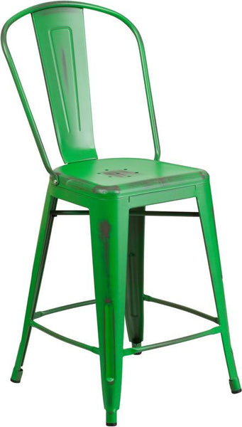 Flash Furniture 24'' High Distressed Green Metal Indoor-Outdoor Counter Height Stool with Back - ET-3534-24-GN-GG