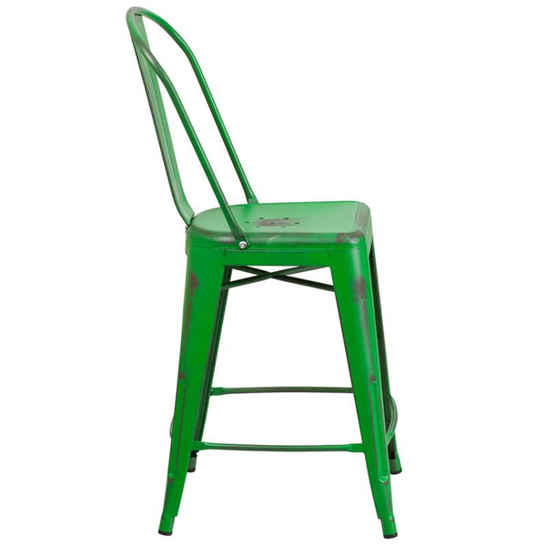 Flash Furniture 24'' High Distressed Green Metal Indoor-Outdoor Counter Height Stool with Back - ET-3534-24-GN-GG