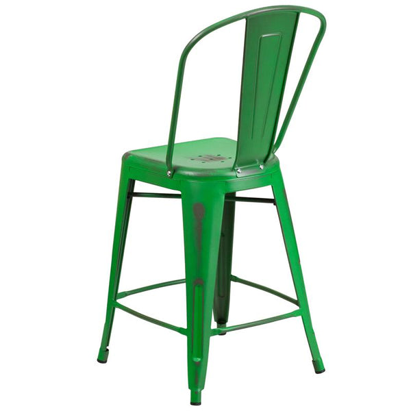 Flash Furniture 24'' High Distressed Green Metal Indoor-Outdoor Counter Height Stool with Back - ET-3534-24-GN-GG