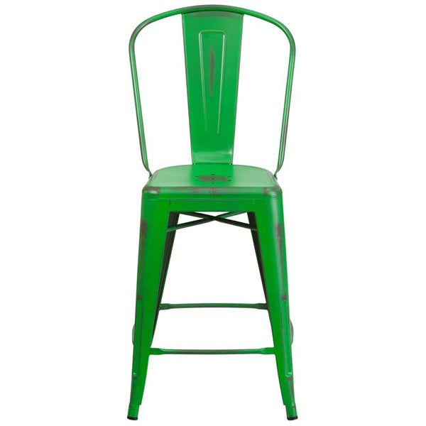 Flash Furniture 24'' High Distressed Green Metal Indoor-Outdoor Counter Height Stool with Back - ET-3534-24-GN-GG